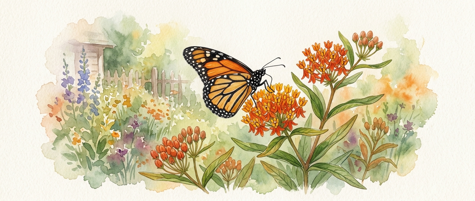 Monarch butterfly on milkweed - watercolor illustration