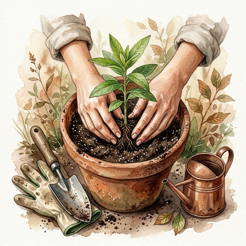 Hands planting a seedling - watercolor illustration