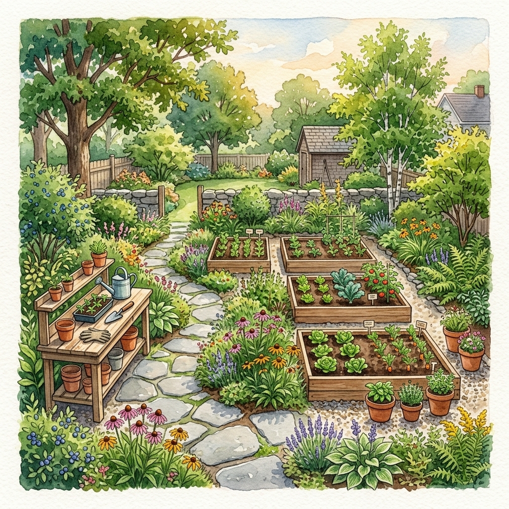 Watercolor aerial view of backyard nursery garden beds
